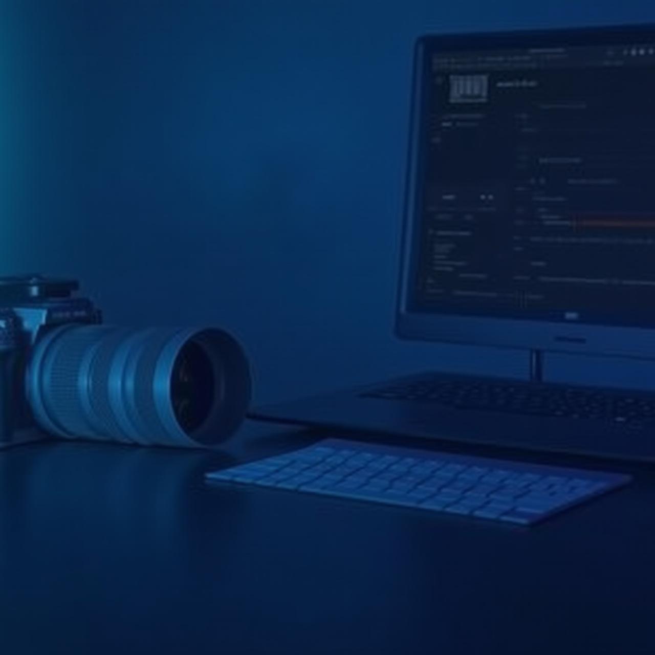 Creative photography workspace with camera gear