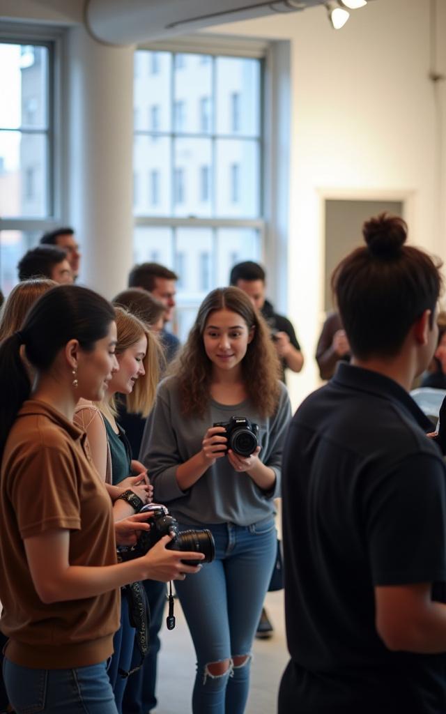 Students practicing photography in a bright studio