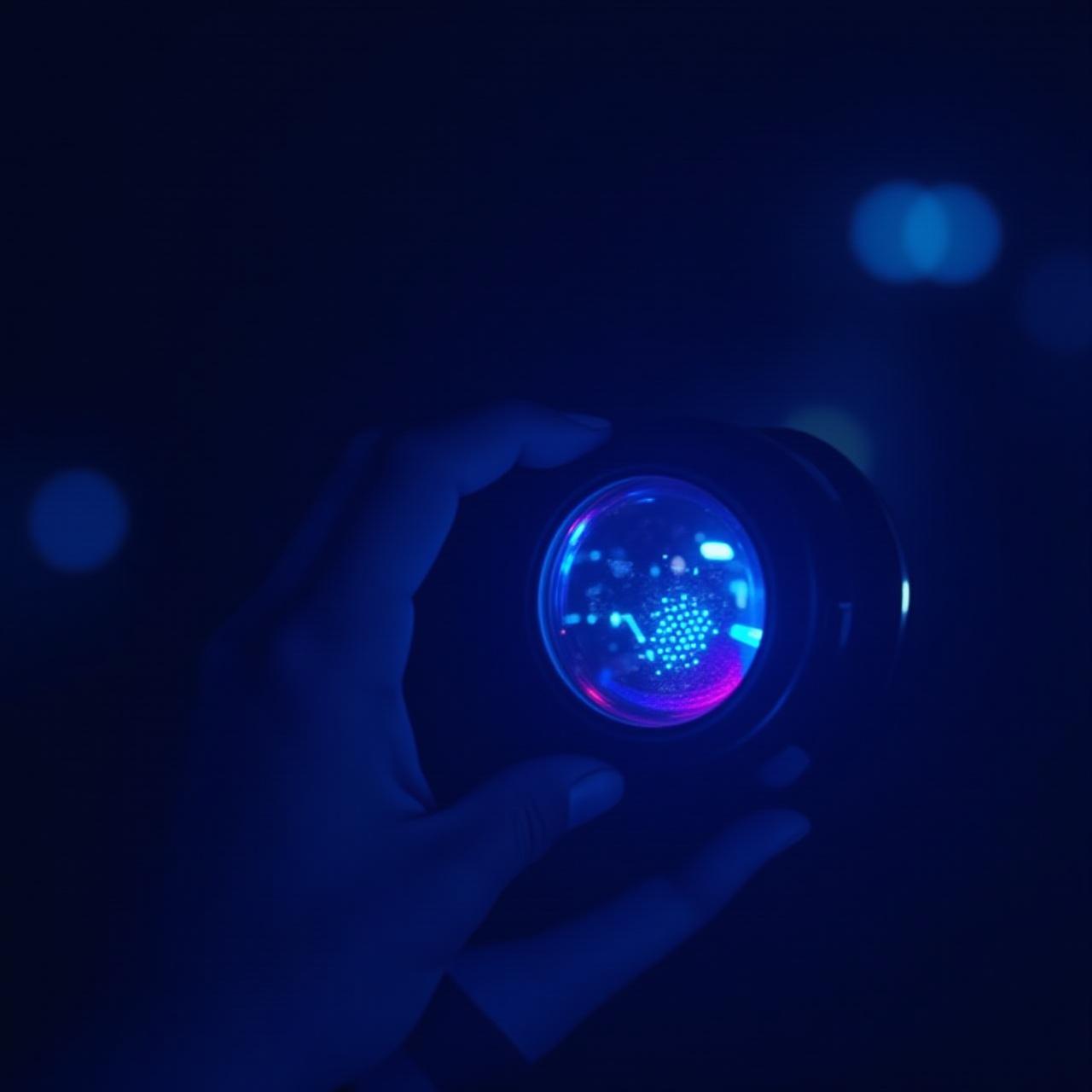 Close-up of a digital lens with futuristic security patterns overlay